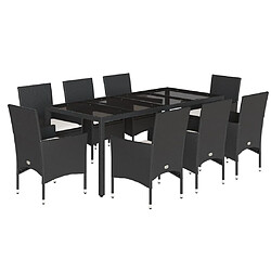 vidaXL Ensemble à manger de jardin et coussins 9 pcs noir rotin verre