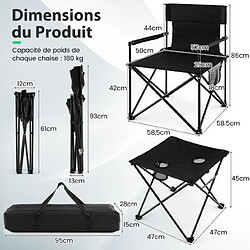 Helloshop26 Lot de 2 chaises de camping pliante charge 180 kg table d'appoint porte-gobelets poches de rangement pique-nique pêche noir 20_0008735