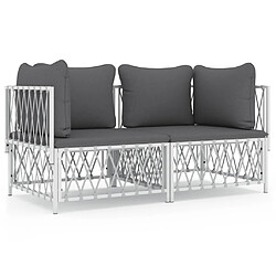 vidaXL Salon de jardin avec coussins 2 pcs blanc acier