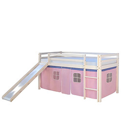 Homestyle4U Lit Simple Blanc 90x200 en hauteur avec echelle et rideau rose et toboggan