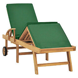 Helloshop26 Transat chaise longue bain de soleil lit de jardin terrasse meuble d'extérieur avec coussin bois de teck solide vert 02_0012432