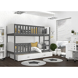 Kids Literie Lit Superposé Tomy 80x160 Gris - blanc Livré avec sommiers, tiroir et matelas en mousse de 7cm