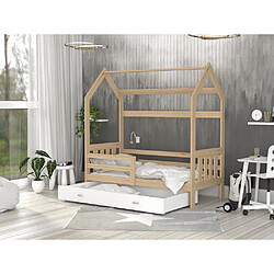 Kids Literie Lit Cabane 2 80x160 Pin - blanc Livré avec sommiers, tiroir et matelas en mousse de 7cm