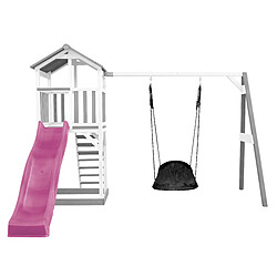 AXI Beach Tower Aire de Jeux BLANC avec Toboggan en Violet, Balançoire Nid d'oiseau Noir & Bac à Sable | Grande Maison Enfant extérieur en Gris & BLANC | Cabane de Jeu en Bois FSC