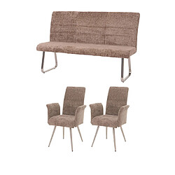 Decoshop26 Lot de 2 chaises de salle à manger avec accoudoirs + banc 160 cm inox brossé et tissu chenille marron 04_0008283