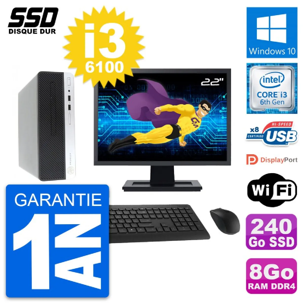 PC HP ProDesk 400 G4 SFF Ecran 22" i3-6100 RAM 8Go SSD 240Go Windows 10 Wifi - Occasion