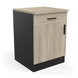 Dansmamaison Meuble bas de cuisine 60 cm 1 porte battante 1 tiroir Noir/Chêne - ABINCI pas cher