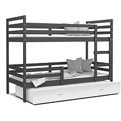 Kids Literie Lit Superposé 3 Places Milo 90x190 Gris - blanc Livré avec sommiers, tiroir et matelas en mousse de 7cm