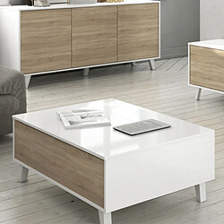 Dansmamaison Table basse relevable Blanc brillant/Chêne clair - STOCKTON