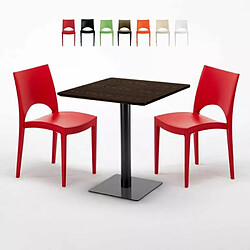 Grand Soleil Table carrée 70x70 plateau effet bois avec 2 chaises colorées Paris Melon - Rouge