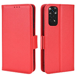 Etui en PU texture litchi, fermeture aimantée, antichoc avec support rouge pour votre Xiaomi Redmi Note 11 4G (Qualcomm)/Redmi Note 11S 4G