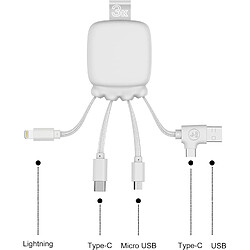 SANAG Câble Multi Connecteurs Usb - Hub Usb 4 En 1 Usb, Usb-C, Lightning,Micro Usb- Chargeur Universel Et Batterie Externe 3000 Mah En Plastique Recyclé - Octopus Gamma - Blanc