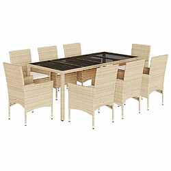 vidaXL Ensemble à manger de jardin et coussins 9 pcs beige rotin verre