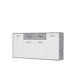 PILVI Buffet bas 4 portes 4 tiroirs - Blanc et béton gris clair - L 162,3 x P 34,2 x H 88,1 cm