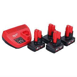 Milwaukee M12 NRG-404 Batterie Starter Set 4x 12 V 4,0 Ah / 4000 mAh Li-Ion Batterie + C12 C Ladegert