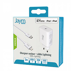 Avis Jaym - Pack Chargeur Secteur Rapide USB-C 30W PD + Câble USB-C 2 mètres Compatible Lightning MFI Blanc