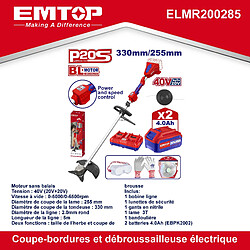 Avis Coupe-bordure et débroussailleuse à batterie EMTOP 40V brushless avec 1 chargeur double port + 2 batteries lithium-ion 4.0Ah Gant picots PVC Lunettes de sécurité 1 lame 3T 1 Ligne de Bobine 1 bandoulière+EMTOP