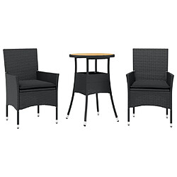 vidaXL Ensemble à manger de jardin et coussins 3 pcs noir rotin acacia