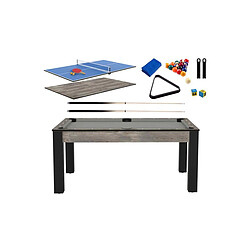 Jardindeco Billard convertible table 6 personnes Texas + plateau 2 en 1 dinatoire et Ping Pong + pack accessoires Confort industriel et gris (tapis)