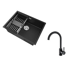 Auralum Max Évier Cuisine 1 Bac 60*44*20CM,inox 304,à Encastrer avec Panier Drainage,Noir+Robinet Cuisine Rotatif 360° Eau Froide et Chaude,Noir