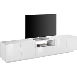 Alter Meuble TV de salon, Made in Italy, Meuble TV avec 4 portes et 1 tiroir, 220x43h46 cm, couleur blanc brillant, avec lumière LED blanche