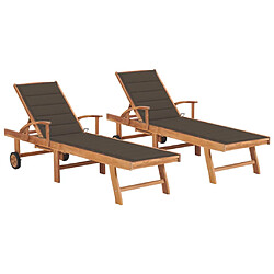 Helloshop26 Lot de 2 transats chaise longue bain de soleil lit de jardin terrasse meuble d'extérieur avec coussin taupe bois de teck solide 02_0012037