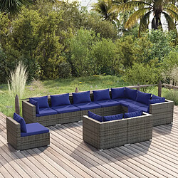 vidaXL Salon de jardin 10 pcs avec coussins Résine tressée Gris