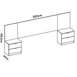 Pegane Ensemble de Tête de lit avec 2 tables de chevet de 2 tiroirs coloris imitation lamelles, blanc - Longueur 258 x Profondeur 34 x Hauteur 96 cm