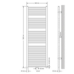 ECD Germany Radiateur Design Sahara Non Electrique - 600 x 1800 mm - Blanc - Connexion Central - avec Kit de Raccordement Universal et Thermostat - Forme Droit - Sèche-Serviettes pour Salle de Bain