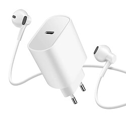 Avizar Pack Chargeur Secteur USB-C 20W et Écouteurs Filaires Jack 3.5mm Blanc