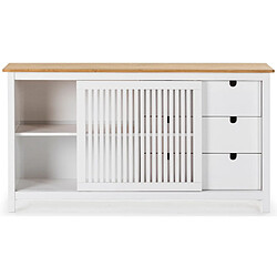 Acheter Pegane Buffet bas en pin massif décor ciré chêne et blanc, meuble de rangement - Longueur 150 x Profondeur 40 x Hauteur 80 cm