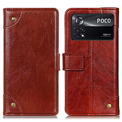 Etui en PU texture nappa, bouton décoratif en laiton avec support, marron pour votre Xiaomi Poco X4 Pro 5G