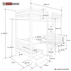 Homestyle4U Lit enfant mezzanine superposé blanc 90x200 pin massif bureau