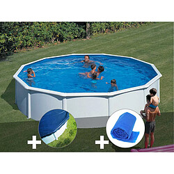 Kit piscine acier blanc Gré Fidji ronde 5,70 x 1,22 m + Bâche hiver + Bâche à bulles