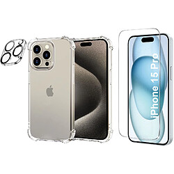 Coque Silicone Transparente Angles Renforces + Verre Trempe et Protection Camera Arriere Pour iPhone 15 Pro Little Boutik®