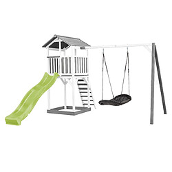 AXI Beach Tower Aire de Jeux BLANC avec Toboggan en VERT Clair, Balançoire Nid d'oiseau Noir & Bac à Sable | Grande Maison Enfant extérieur en Gris & BLANC | Cabane de Jeu en Bois FSC