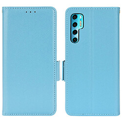 Etui en PU texture litchi, double fermeture magnétique avec support, cyan pour votre TCL 20 Pro 5G