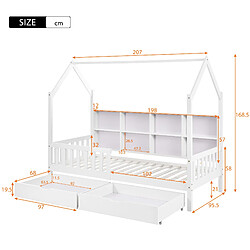 Acheter KOMHTOM Lit Maison Enfant 90 X 200 cm - Bibliothèques De Rangement et 2 Tiroirs - Forme Cheminée - Blanc