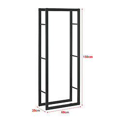 Helloshop26 Range-bûches pour usage intérieur extérieur porte-bûches design support rangement bois de chauffage en acier 60 x 25 x 150 cm noir 03_0006301