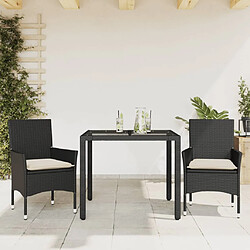 vidaXL Ensemble à manger de jardin et coussins 3 pcs noir rotin verre