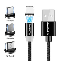 Wewoo Câble de charge Magnétique noir pour iPhone, iPad, Galaxy, Sony, Huawei, Xiaomi, LG, HTC, Lenovo et autres smartphones 1m 2A Lightning 8 broches + Micro USB + USB-C / Type-C à USB de en nylon,