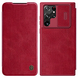 Coque en TPU + PU NILLKIN avec porte-cartes et glissière pour appareil photo rouge pour votre Samsung Galaxy S22 Ultra 5G