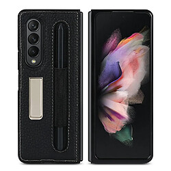 Coque en TPU + cuir véritable texture litchi avec béquille cachée noir pour votre Samsung Galaxy Z Fold3 5G