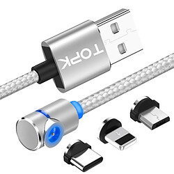 Wewoo 2m 2.4A Max USB vers iPhone Lightning iPhone 8 broches + USB-C / Type C + Micro USB Câble de charge magnétique 90 coudes avec indicateur à LED Argent