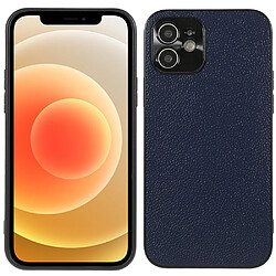 Coque en cuir véritable anti-rayures, texture litchi bleu pour votre iPhone 12 6.1 pouces