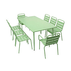 Mes Ensemble table 180 cm + 6 chaises + 2 fauteuils en métal vert - BACA