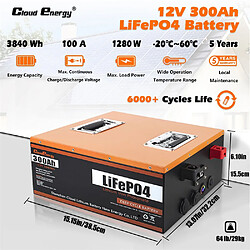 Batterie de secours Cloudenergy 12 V 300 Ah LiFePO4, 3 840 Wh d'énergie, plus de 6 000 cycles, BMS 100 A intégré