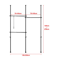 Helloshop26 Penderie télescopique acier laqué 150 - 230 cm 3 barres de penderie noir 03_0008156