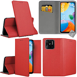 Htdmobiles Housse etui portefeuille avec coque intérieure en silicone pour Xiaomi Redmi 10C + verre trempe - ROUGE MAGNET