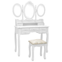 vidaXL Coiffeuse avec tabouret et miroir pliable en 3 Blanc